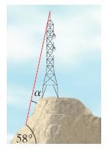 A communications tower is located at the top of a steep hill, as shown. The angle-example-1