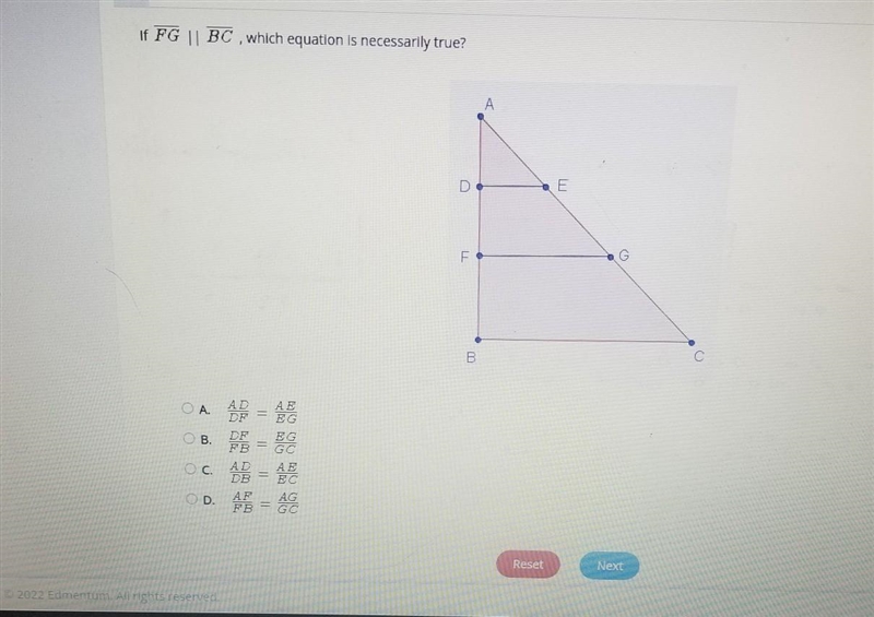 If FG || BC, which equation is necessarily true?​-example-1