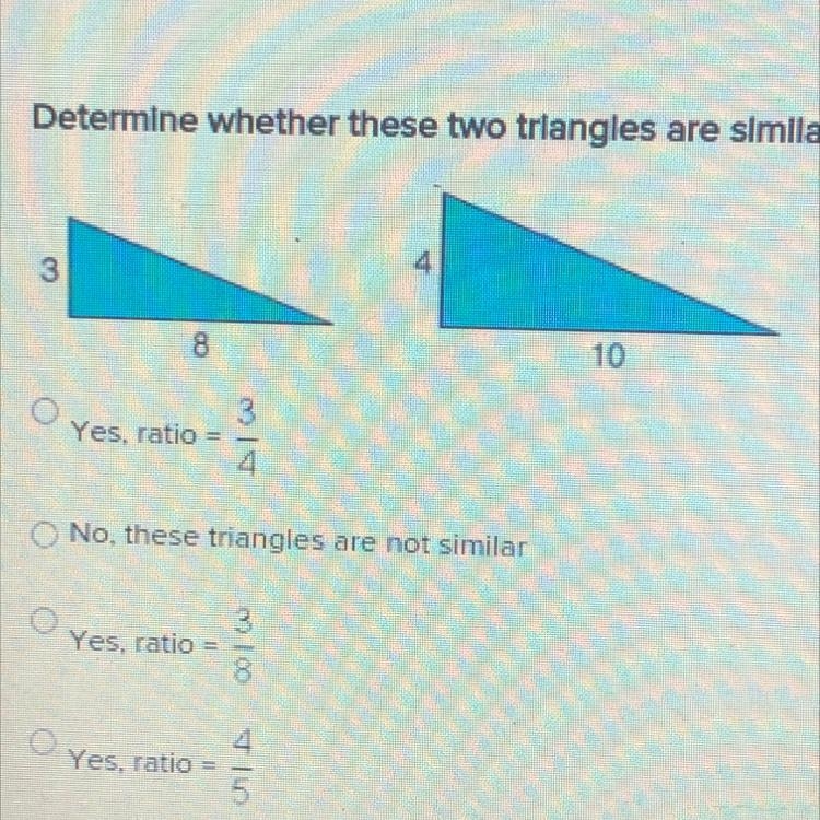 Determine whether these two triangles are similar, and if so what is the ratio of-example-1