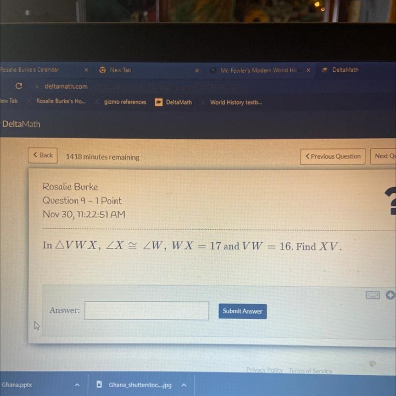 In VWX, X ≈ W, WX = 17 and VW = 16. Find XV. HELPPPPP-example-1