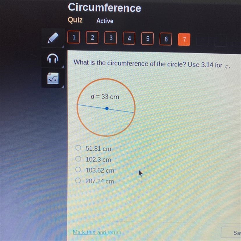 What is the circumference of the circle? Use 3.14 for?-example-1