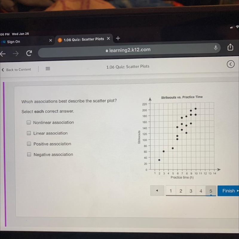 Which associations best describe the scatter plot? Strikeouts vs. Practice Time A-example-1