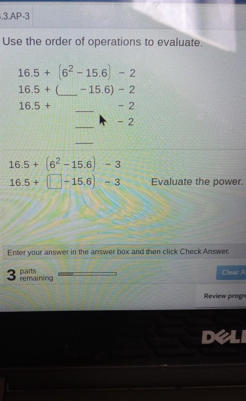 Use the order of operations to evaluate.16.5 + ({62 }^(2) - 15.6) - 2-example-1