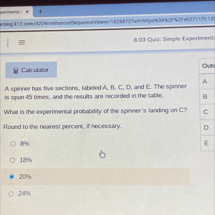 A spinner has five section labeled ABC D & E the spinner is spun 45 times in there-example-1