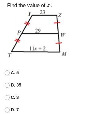 Find the value of x a) 5 b) 35 c) 3 d) 7-example-1