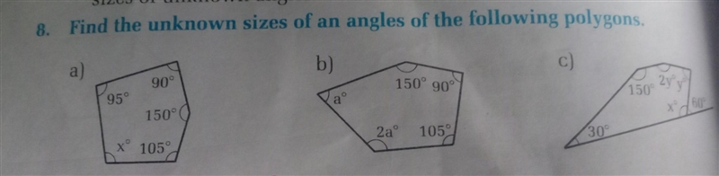 Find the unknown sizes of an angles of the following polygons.​-example-1