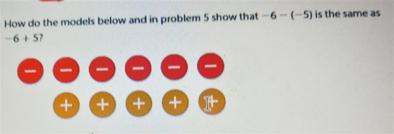 How do the models below and in problem 5 show that -6- (-5) is the same as -6 + 5? - - - - - - + + + + +​-example-1