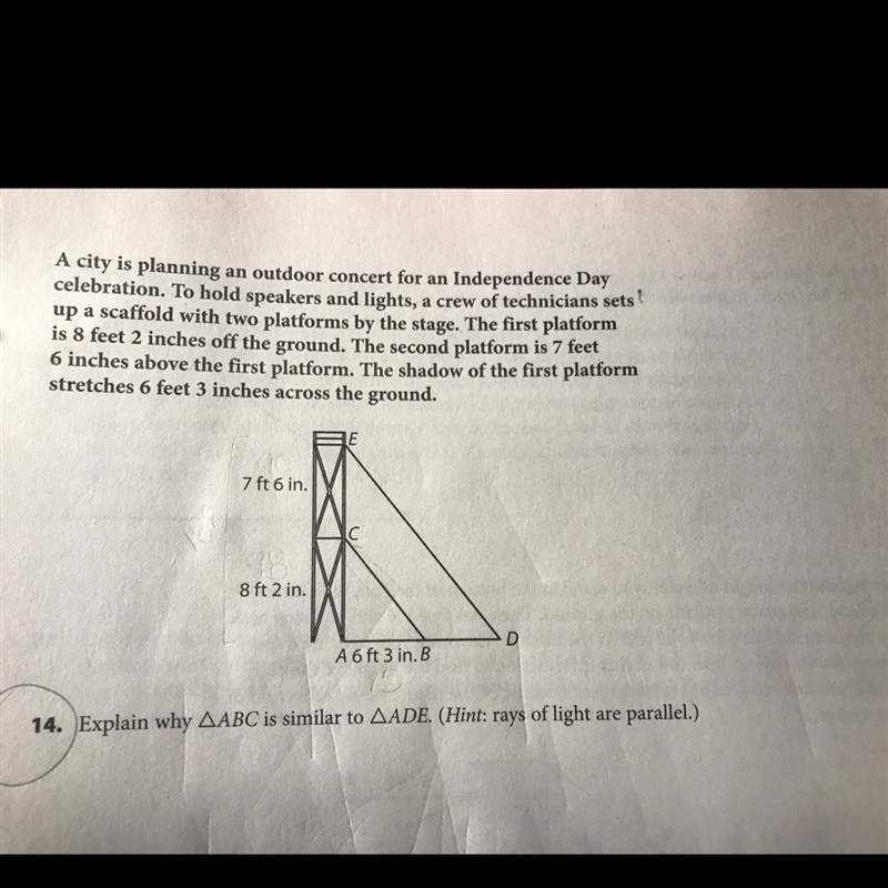 14. Explain why triangle ABC is similar to triangle ADE. (Hint: rays of light are-example-1