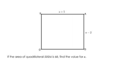 If the area of quadrilateral SODA is 60, find the value for a.-example-1