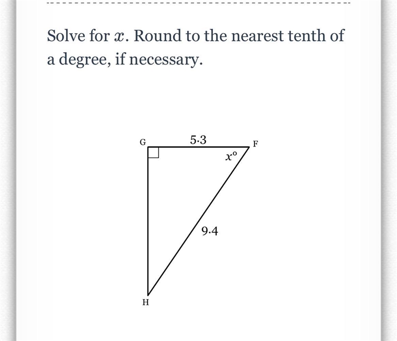 Solve for x. Round to the nearest tenth of degree, if necessary.-example-1