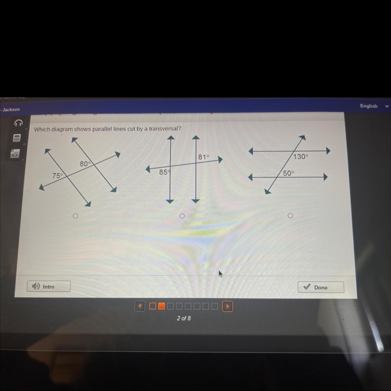 Which diagram shows parallel lines cut by a transversal?-example-1