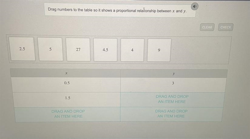 Drag numbers to the table so it shows a proportional relationship between x and y-example-1