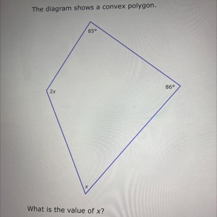 The diagram shows a convex polygon. 2x 85⁰ 86⁰ What is the value of x?-example-1