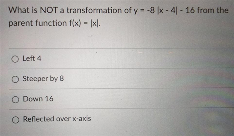 What is NOT a transformation of y=-8|x-4|-16 from the parent function f(x)=|x|.-example-1