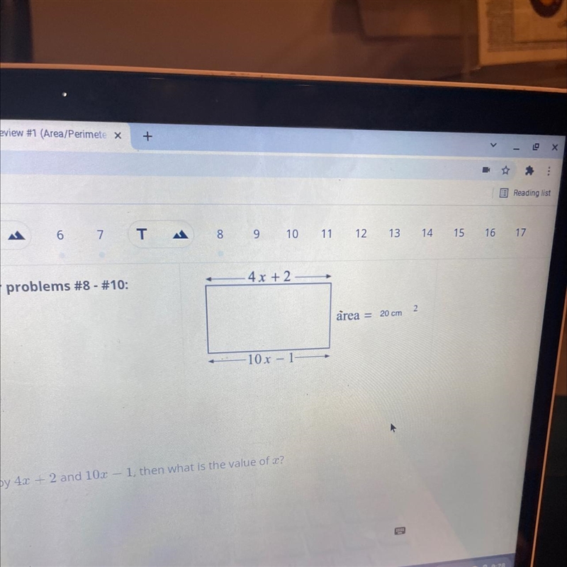 If the area of the rectangle is 20cm squared, then what is the width of the rectangle-example-1