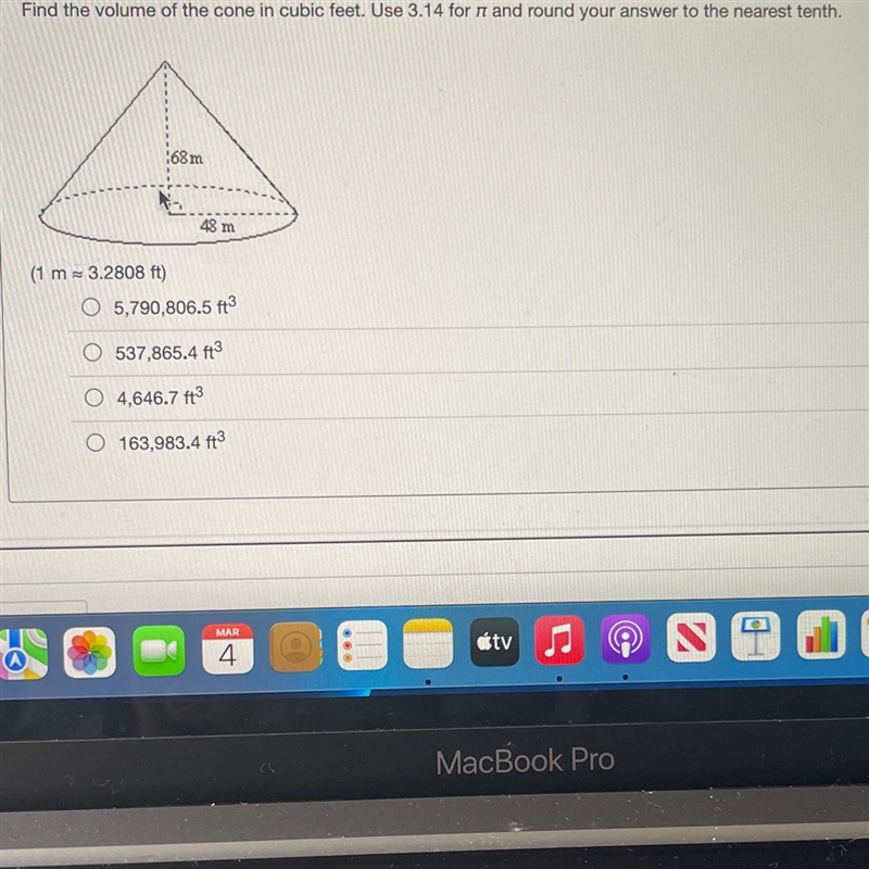 Find the volume of the cone in cubic feet. Use 3.14 for it and round your answer to-example-1