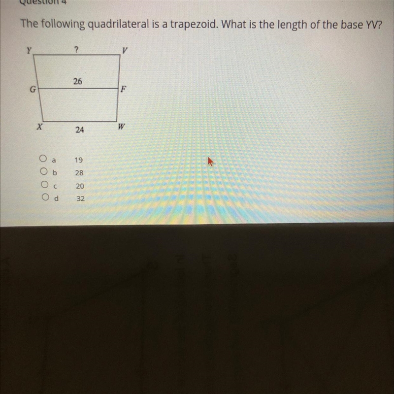 The following quadrilateral is a trapezoid what is the length of the base of Wye V-example-1