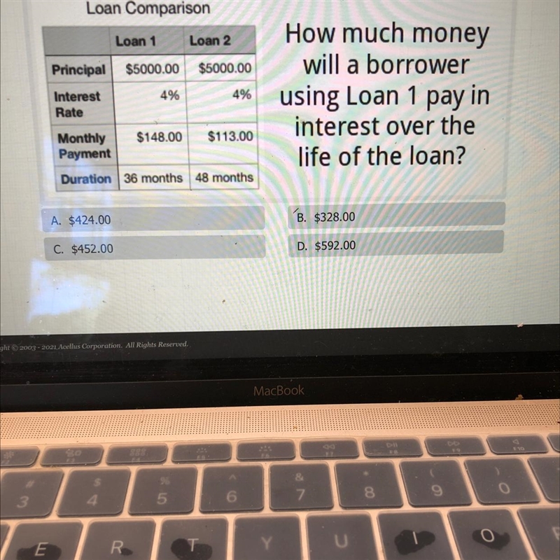 Loan ComparisonLoan 1 Loan 2Principal $5000.00 $5000.00Interest4%4%RateMonthly $148.00 $113.00PaymentHow-example-1