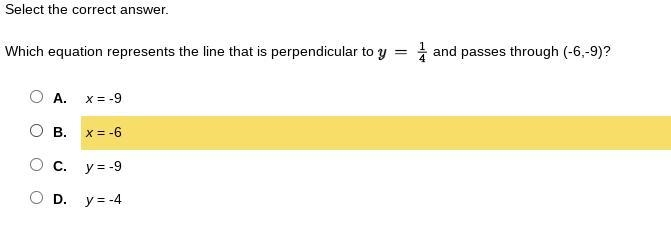 Which equation represents the line that is perpendicular to y = 1/4 and passes through-example-1