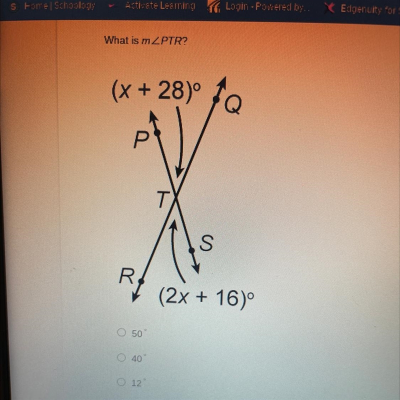 What is mZPTR? (x+28)° P R S (2x + 16)⁰-example-1