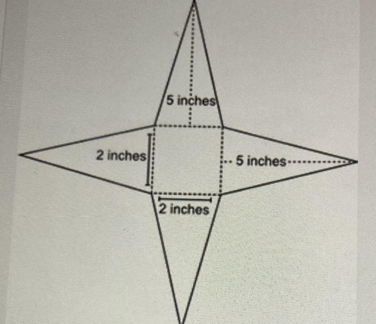 The net of a square pyramid is shown below: 5 inches 2 inches 5 inches 2 inches What-example-1