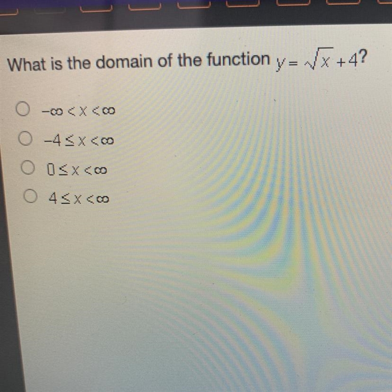 What is the domain of the function y- +4? -00 O 45x<00 O 0SX <0 O 45x<00-example-1