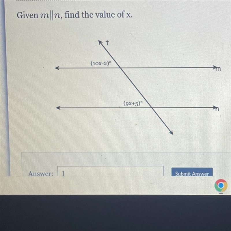 Given m|n, find the value of x. (10x-2)° (9x+5)°-example-1