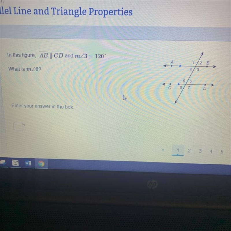 In this figure, AB || CD and mZ3 = 120°. What is mZ6? (Look at picture”-example-1