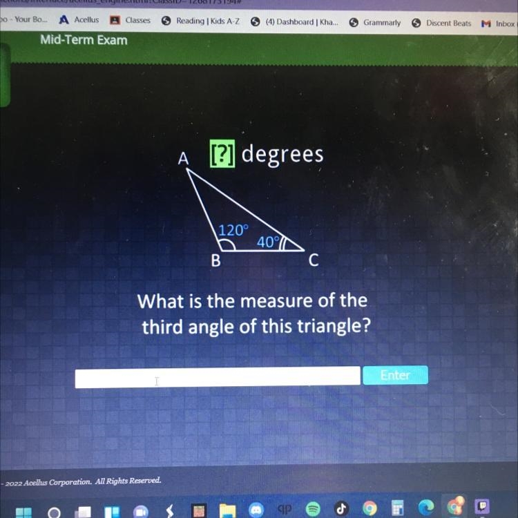 What is the measure of the third angle of this triangle?-example-1