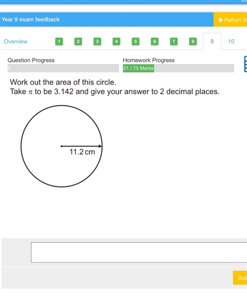 Work out the area of the circle take pi to be 3.142 the radius 11.2cm-example-1