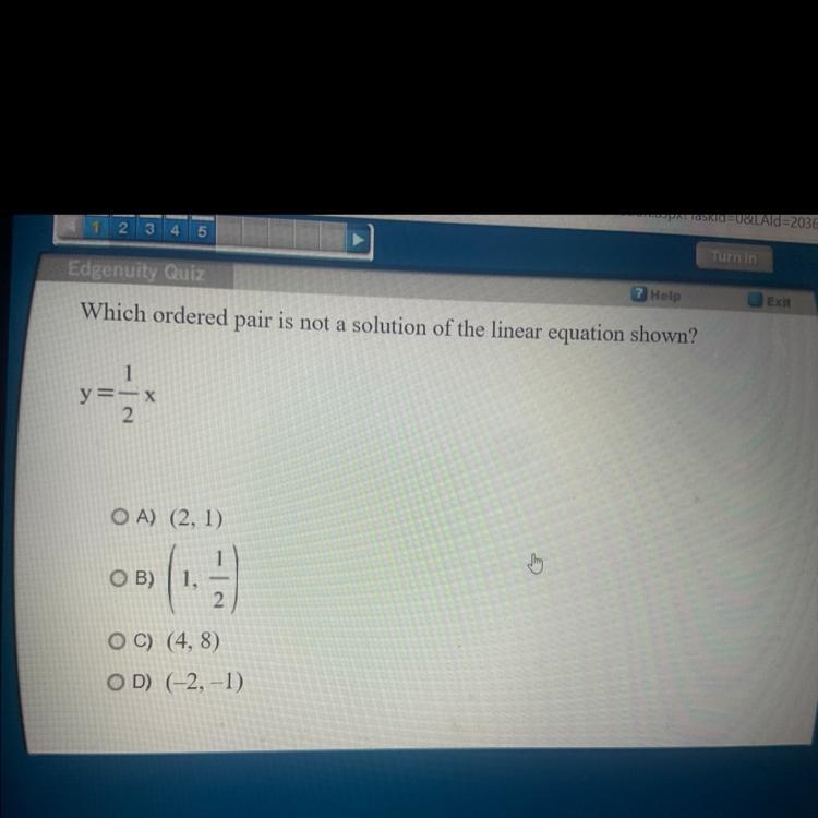 Which ordered pair is not a solution of the linear equation shown? OA) (2, 1) OB) 1, OC-example-1