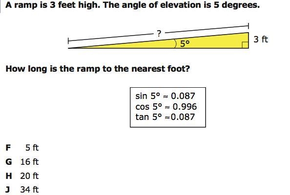 Please help!!! a ramp is 3 feet high. the angle of elevation is 5 degrees. how long-example-1