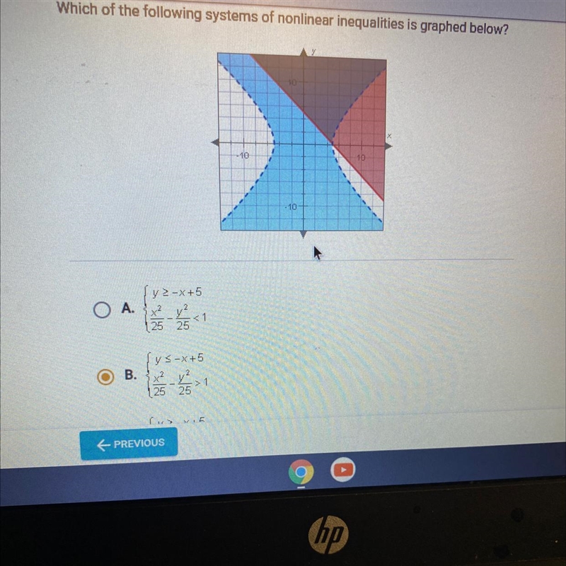 Which of the following systems of nonlinear inequalities is graphed below?-example-1