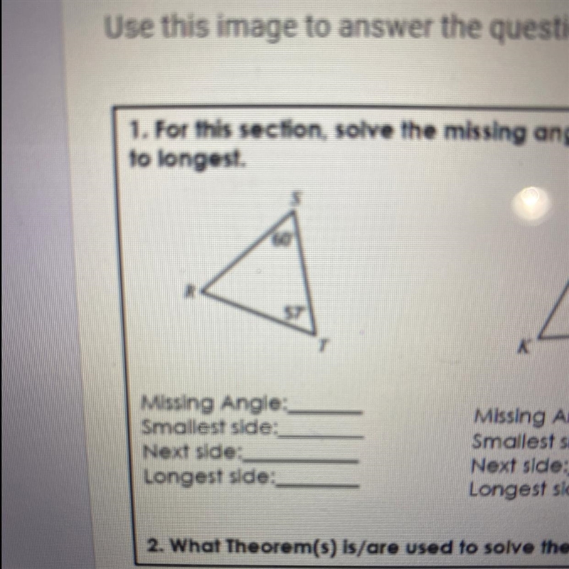 What is the measure of the missing angle in triangle What is the smallest side What-example-1