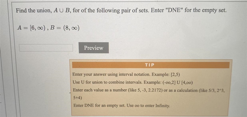 Find the union, AU B, for of the following pair of sets. Enter "DNE" for-example-1