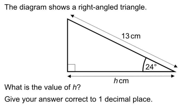 The diagram shows a right angled triangle 13cm, 24 degrees, what is the value of H-example-1