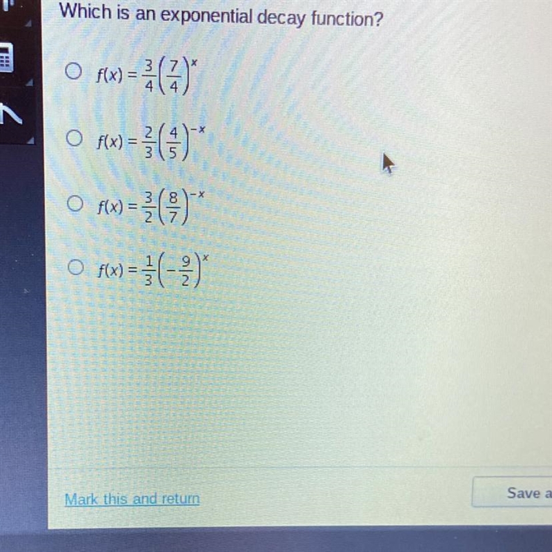 Which is an exponential decay function?-example-1