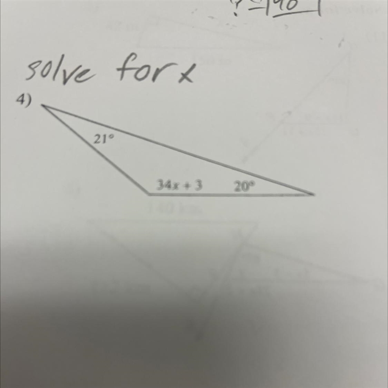 Solve for x ASAP AND GIVE AN EXPLANATION 21° 34x+3 20°-example-1