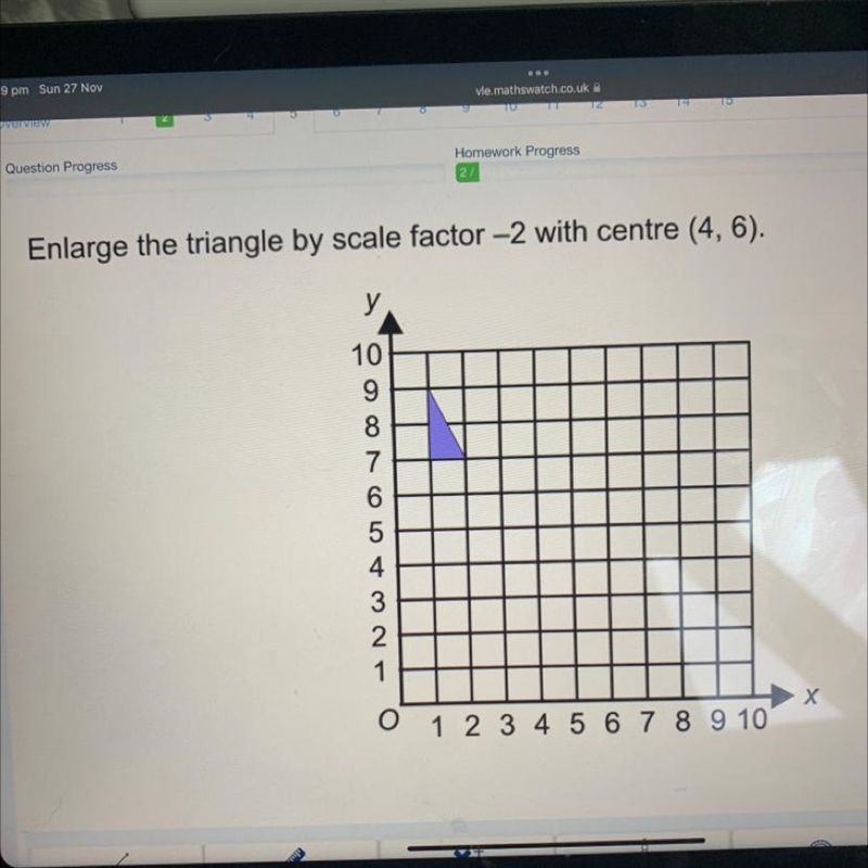 Enlarge the triangle by scale factor -2 with centre (4, 6). y 10 9 8 7 6 5 4 3 2 21 O-example-1