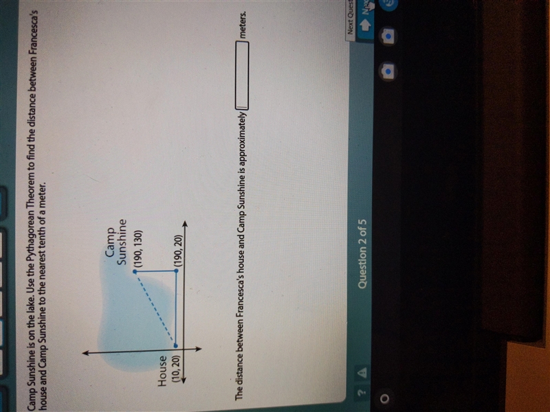 Camp Sunshine is on the lake. Use the Pythagorean Theorem to find the distance between-example-1