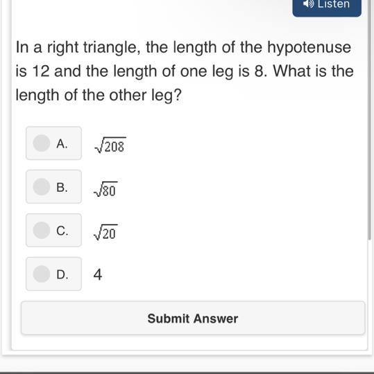 In a right triangle, the length of the hypotenuse is 12 and the length of one leg-example-1