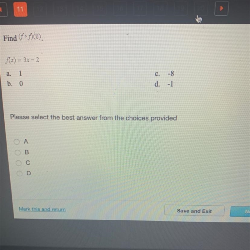 ^ Find (ff)(0). f(x) = 3x - 2 a. 1 b. 0 Please select the best answer from the choices-example-1