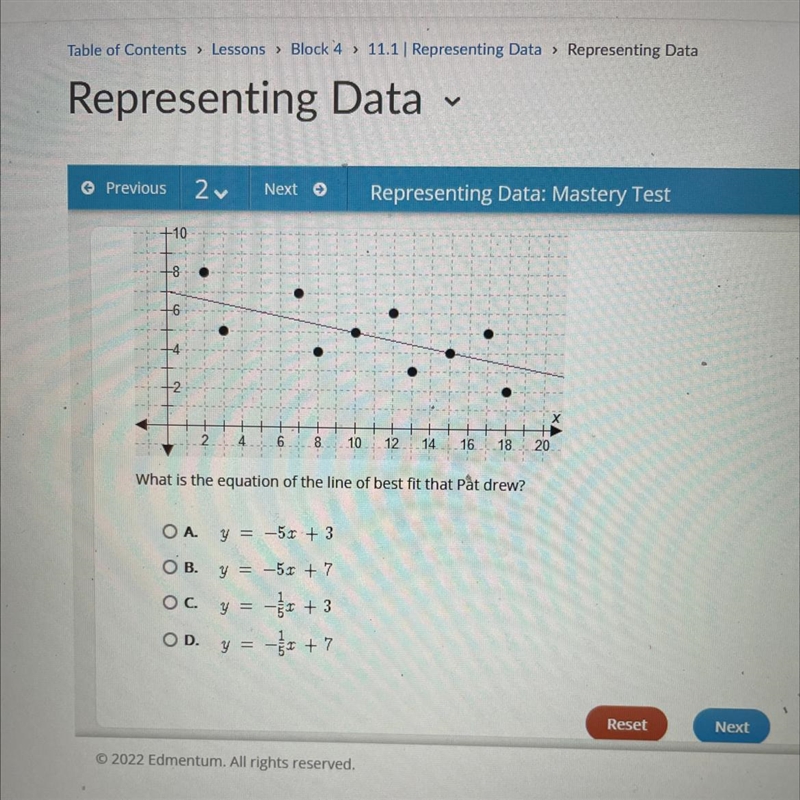 What is the equation of the line of best fit that Pat drew? OA. y = -51 + 3 OB. y-example-1