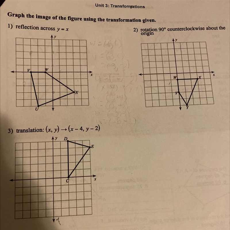 Reflections 1) reflection across y=x 2) rotation 90degree counterclockwise 3) translation-example-1