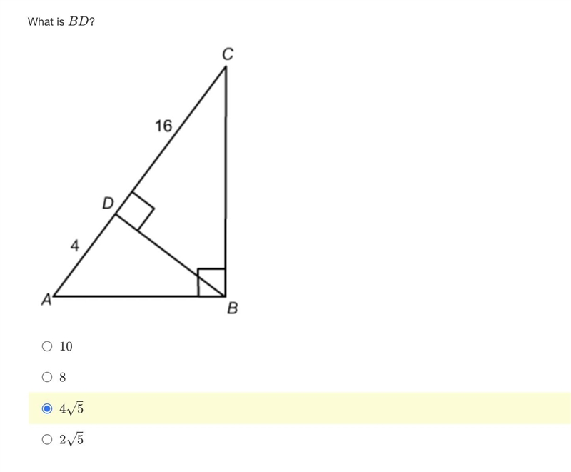 What is BD? A. 10 B. 8 C. 4√(x)5 D. 2√(x)5-example-1