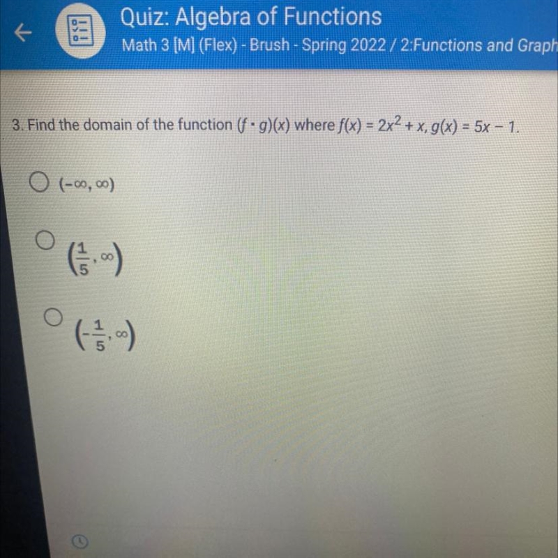 Find the domain of the function (f•g)(x) where f(x)2x^2+c, g(x)=5x-1-example-1