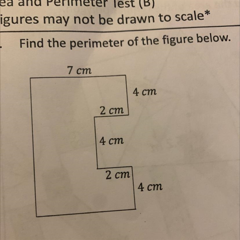 1. Find the perimeter of the figure below. 7 cm 2 cm 4 cm 2 cm 4 cm 4 cm-example-1