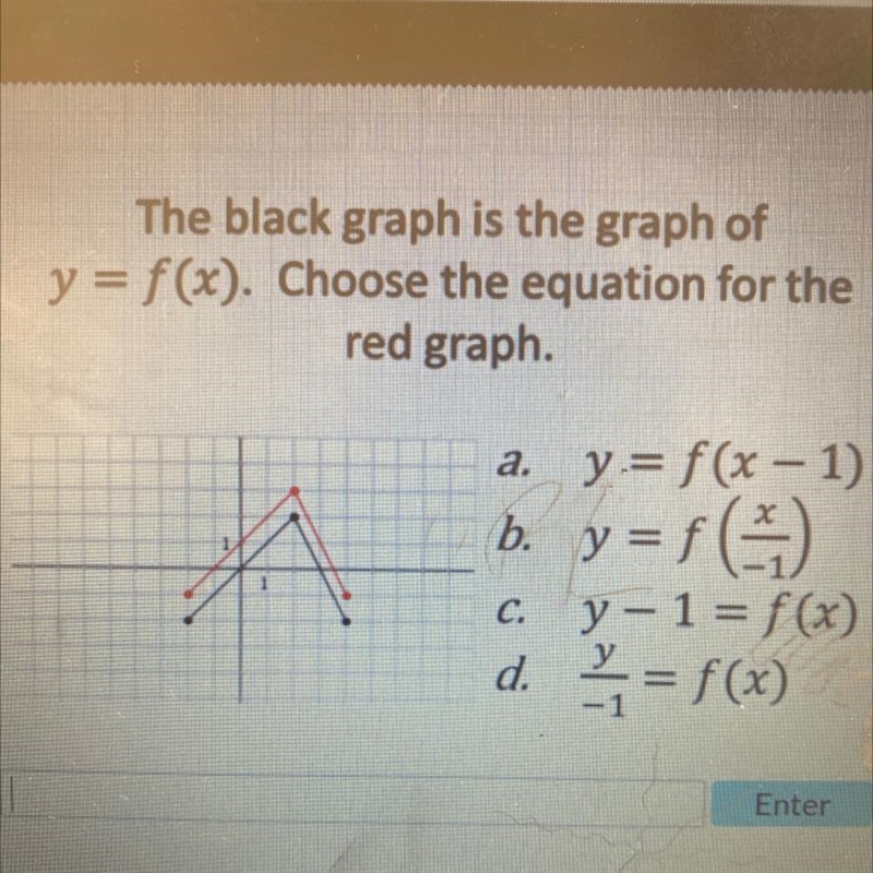 The black graph is the graph of y = f(x). Choose the equation for the red graph.-example-1