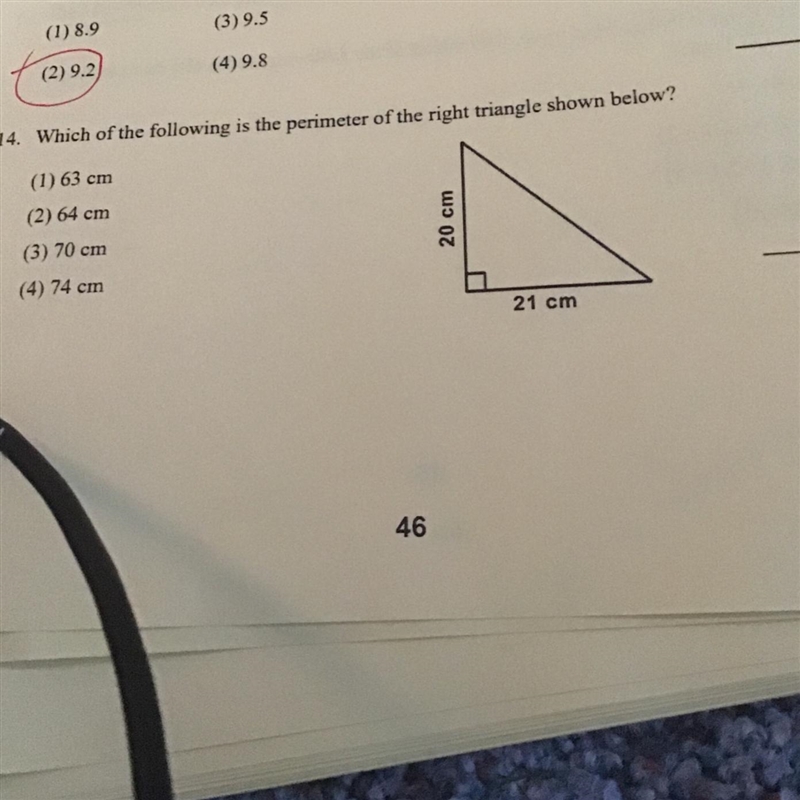 14. Which of the following is the perimeter of the right triangle shown below? (1) 63 cm-example-1