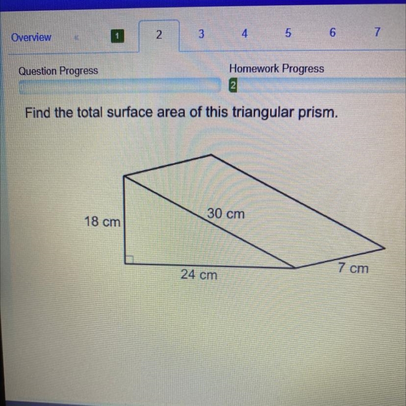 Find the total surface area of this triangular prism. 18 cm 30 cm 24 cm 7 cm-example-1